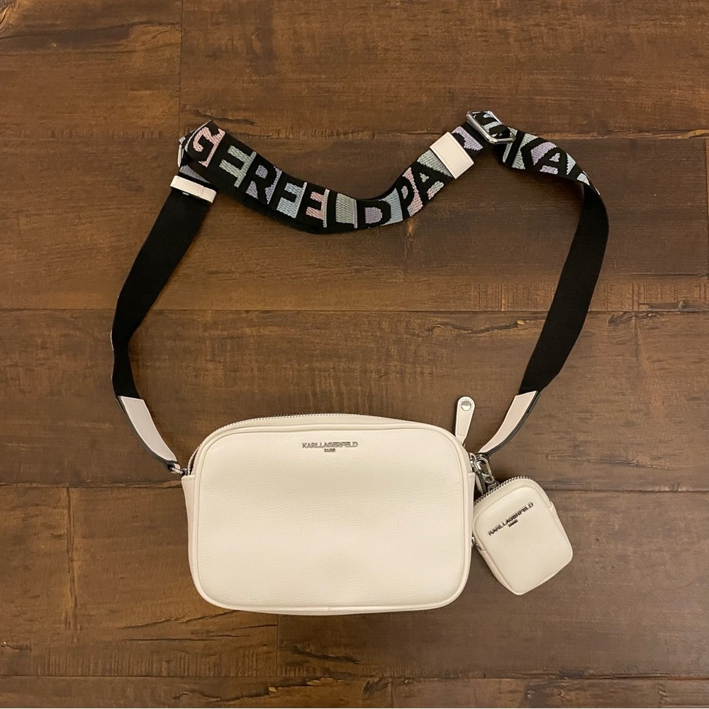 Karl Lagerfeld Crossbody White Paris Skyline Camera Bag Purse & Mini Wallet